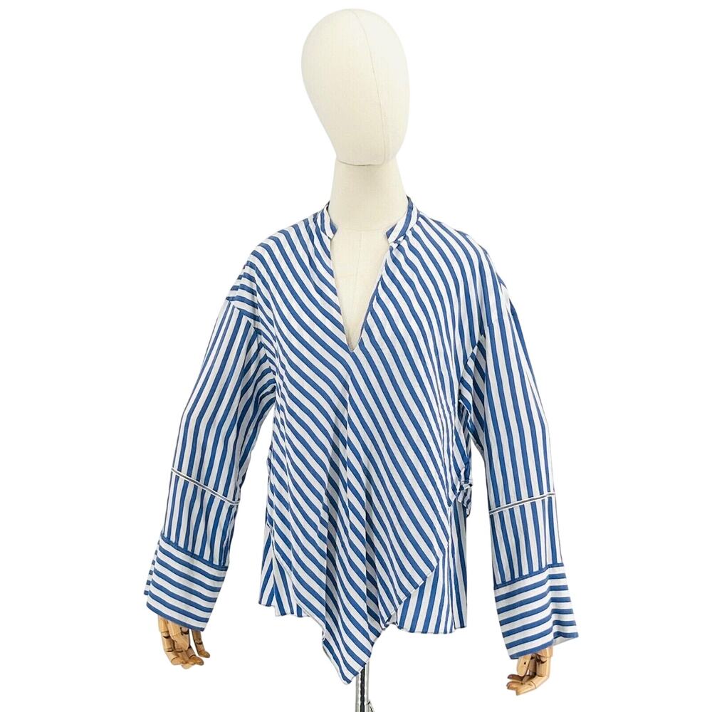 Derek Lam New York Blue White Striped 100% Silk Asymmetrical Blouse